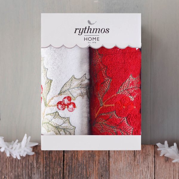 Rythmos Christmas Terry Gift Set (3 Γκι) Χεριων 2Χ(30Χ50) Κοκκινο-Λευκο