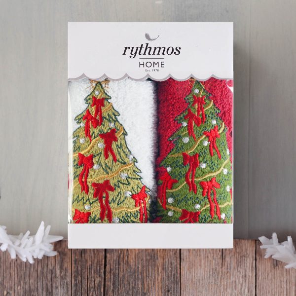 Rythmos Christmas Terry Gift Set (2 Ελατο) Χεριων 2Χ(30Χ50) Κοκκινο-Λευκο